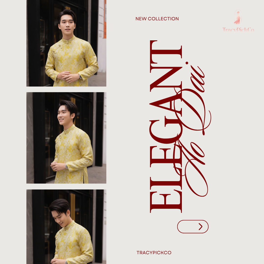 Ao Dai Men Embroidered Fabric Tafta Yellow