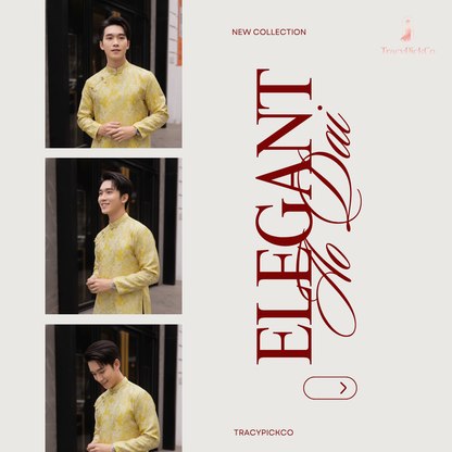 Ao Dai Men Embroidered Fabric Tafta Yellow