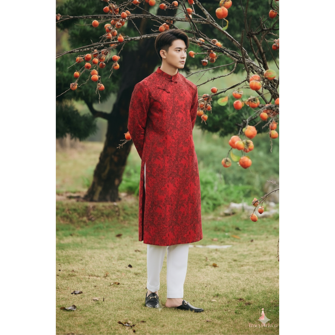 Ao Dai Men Embroidered Fabric Tafta Red