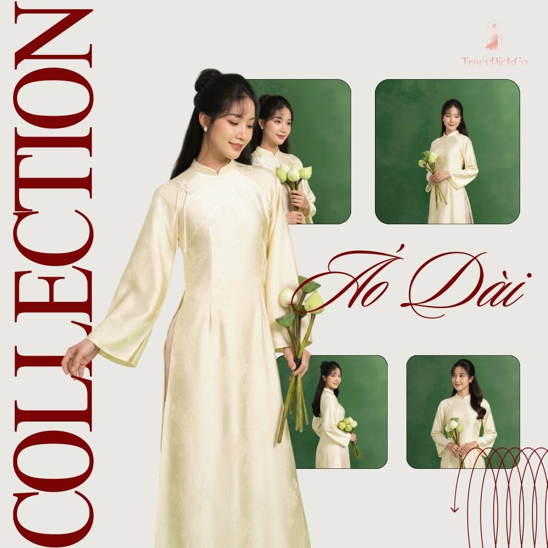 Traditional Yellow Ao Dai Women Modern Flare Sleeve Bow Silk Brocade