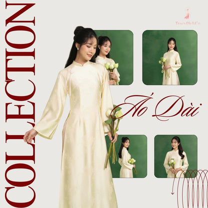 Traditional Yellow Ao Dai Women Modern Flare Sleeve Bow Silk Brocade