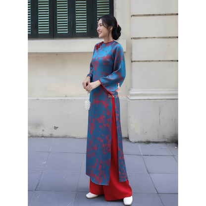 Modern Ao Dai Women Vietnamese Blue Silk Peach Blossom Detail