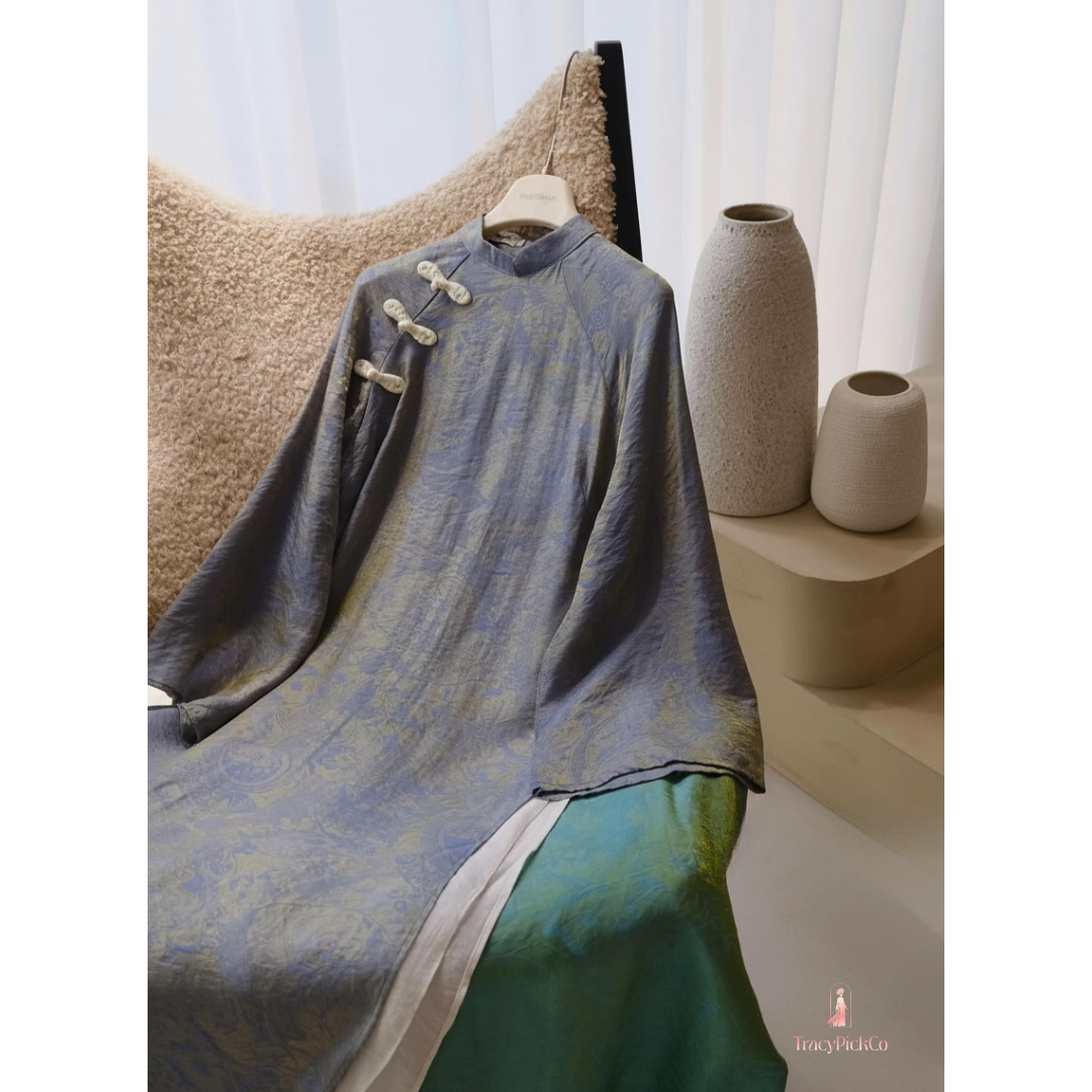 Ao Dai Women Modern Four Panel Loose Fit Shimmer Silk Gray and White