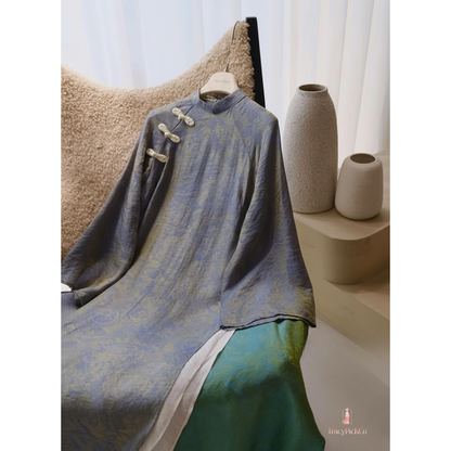 Ao Dai Women Modern Four Panel Loose Fit Shimmer Silk Gray and White