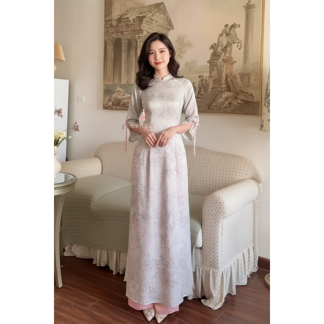 Plus Size Silver Silk Ao Dai Women Traditional Vietnamese Dress