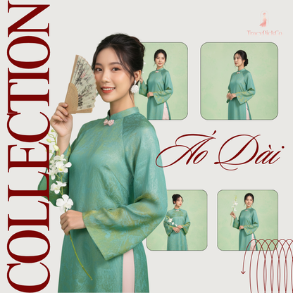 Modern Ao Dai Women Green Brocade Silk Straight Fit Bow Collar