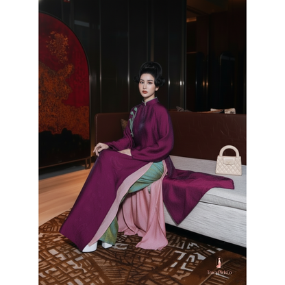 Ao Dai Women Modern Four Panel Loose Fit Shimmer Silk Purple And Pink