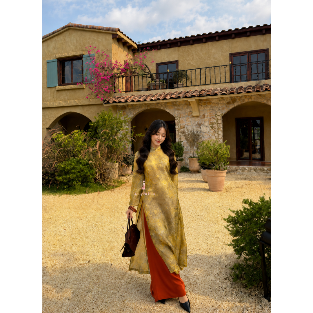 Yellow Silk Modern Plus Size Ao Dai Vietnamese Floral Dress Long Sleeve