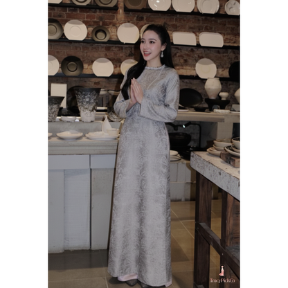 Ao Dai Women Vietnamese Modern Floral Brocade Gray Premium Hand-embellished Collar