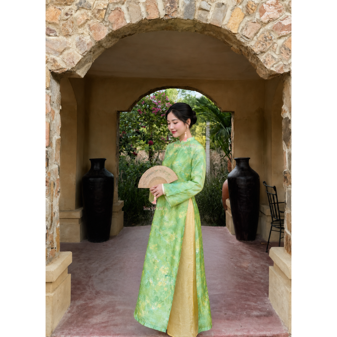 Green Silk Modern Plus Size Ao Dai Vietnamese Floral Dress Long Sleeve