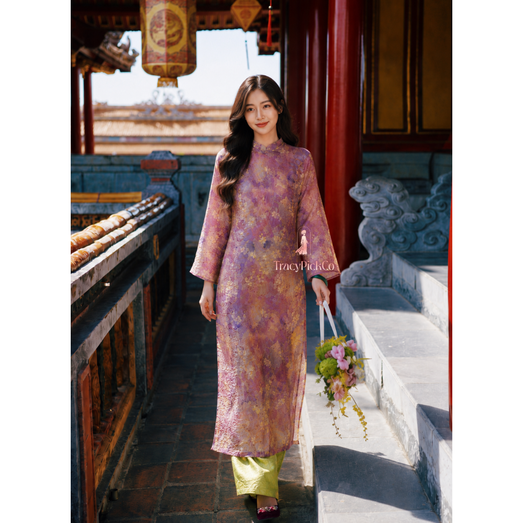 Purple Silk Modern Plus Size Ao Dai Vietnamese Floral Dress Long Sleeve