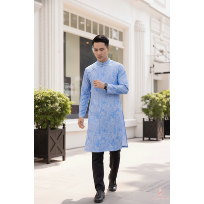 Ao Dai Men Embroidered Fabric Tafta Blue