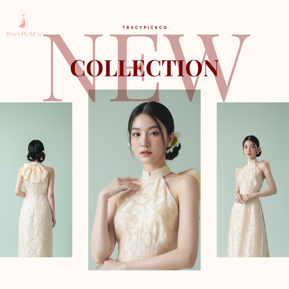 Beige Silk Jacquard Halter Ao Dai