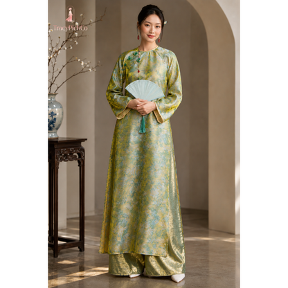 Green Floral Vietnamese Ao Dai Tencel Silk Straight Fit