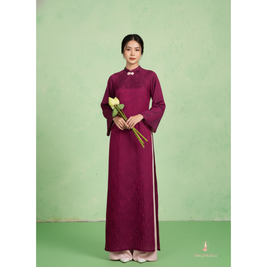 Modern Ao Dai Women Magenta Brocade Silk Straight Fit Bow Collar