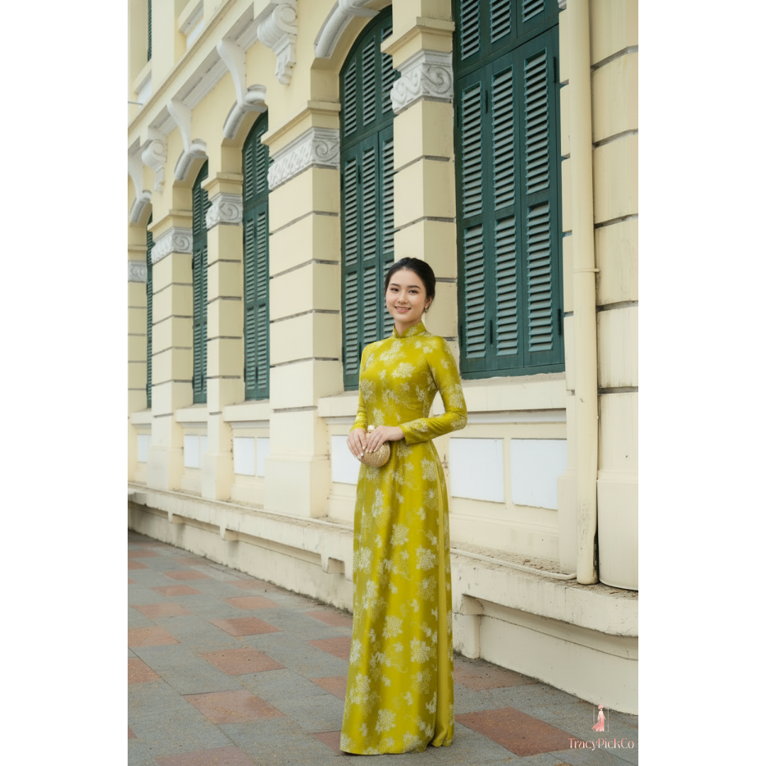 Plus Size Traditional Vietnamese Yellow Ao Dai Dress Silk Brocade