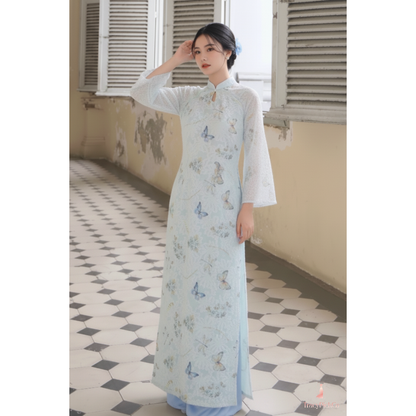 Modern Ao Dai Women Vietnamese Butterfly Print Blue Feather Silk Four Panel Midi Sleeve Dress