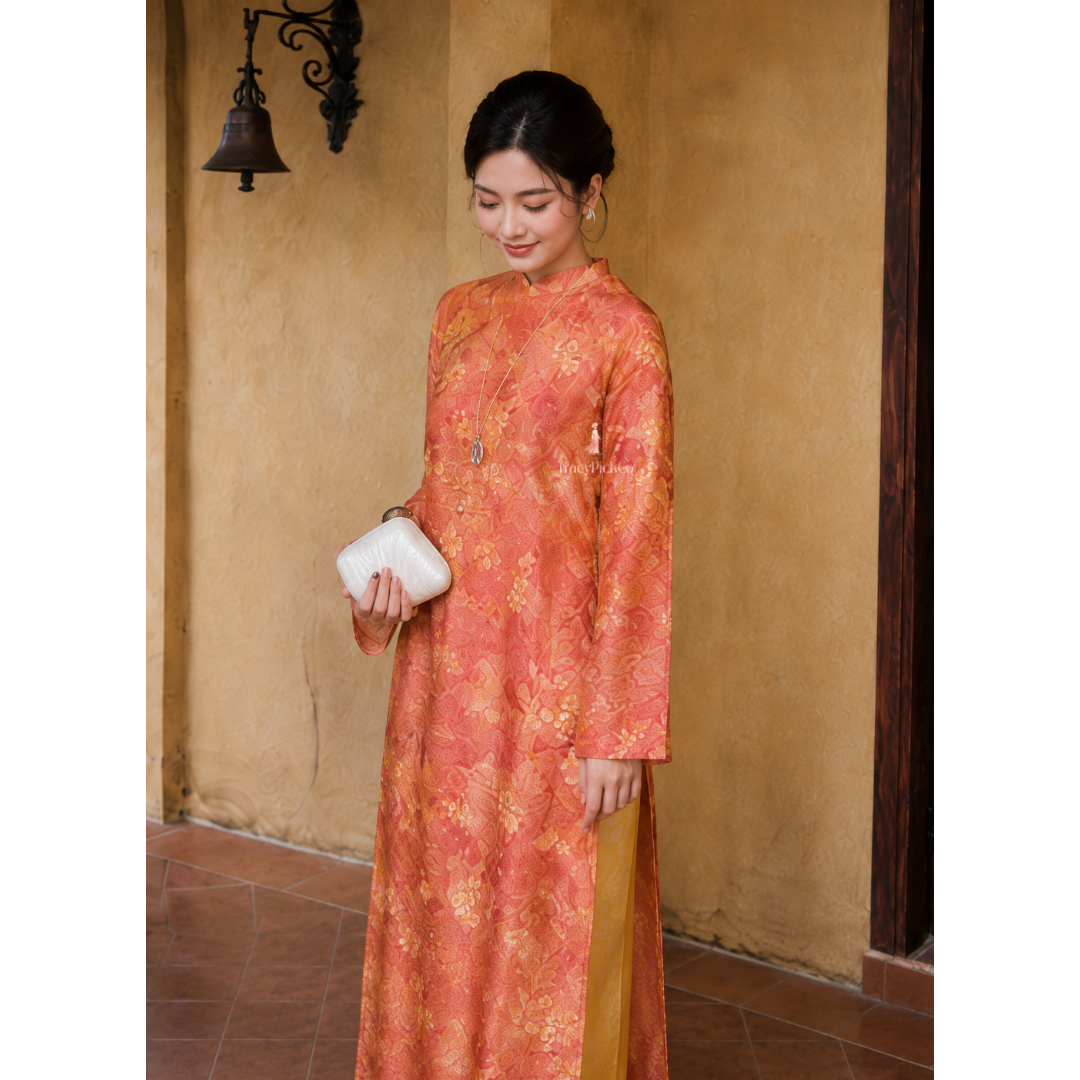 Orange Silk Modern Plus Size Ao Dai Vietnamese Floral Dress Long Sleeve