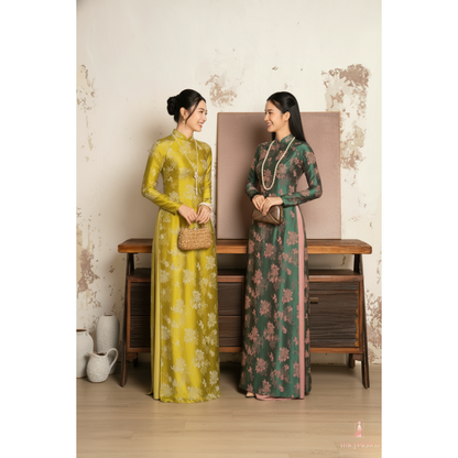 Plus Size Traditional Vietnamese Green Ao Dai Dress Silk Brocade