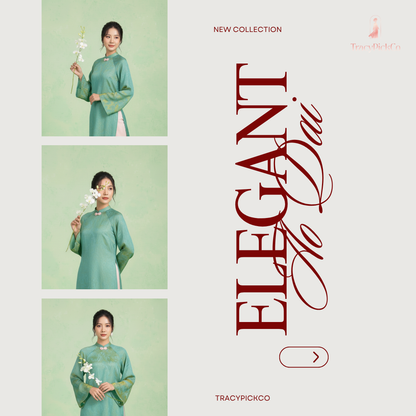 Modern Ao Dai Women Green Brocade Silk Straight Fit Bow Collar