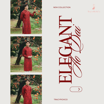 Ao Dai Men Embroidered Fabric Tafta Red