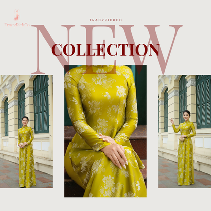 Plus Size Traditional Vietnamese Yellow Ao Dai Dress Silk Brocade