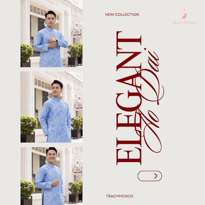 Ao Dai Men Embroidered Fabric Tafta Blue