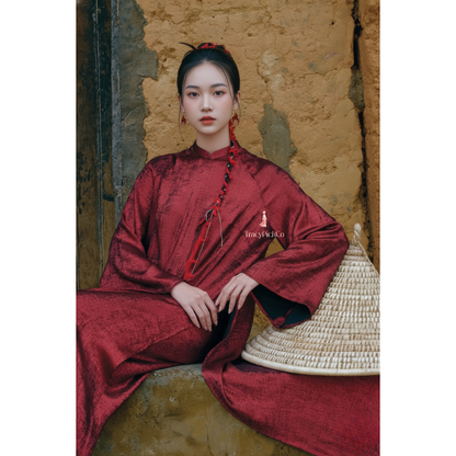 Modern Ao Dai Women Red Velvet Sparkle Long Sleeves