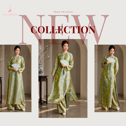 Green Floral Vietnamese Ao Dai Tencel Silk Straight Fit