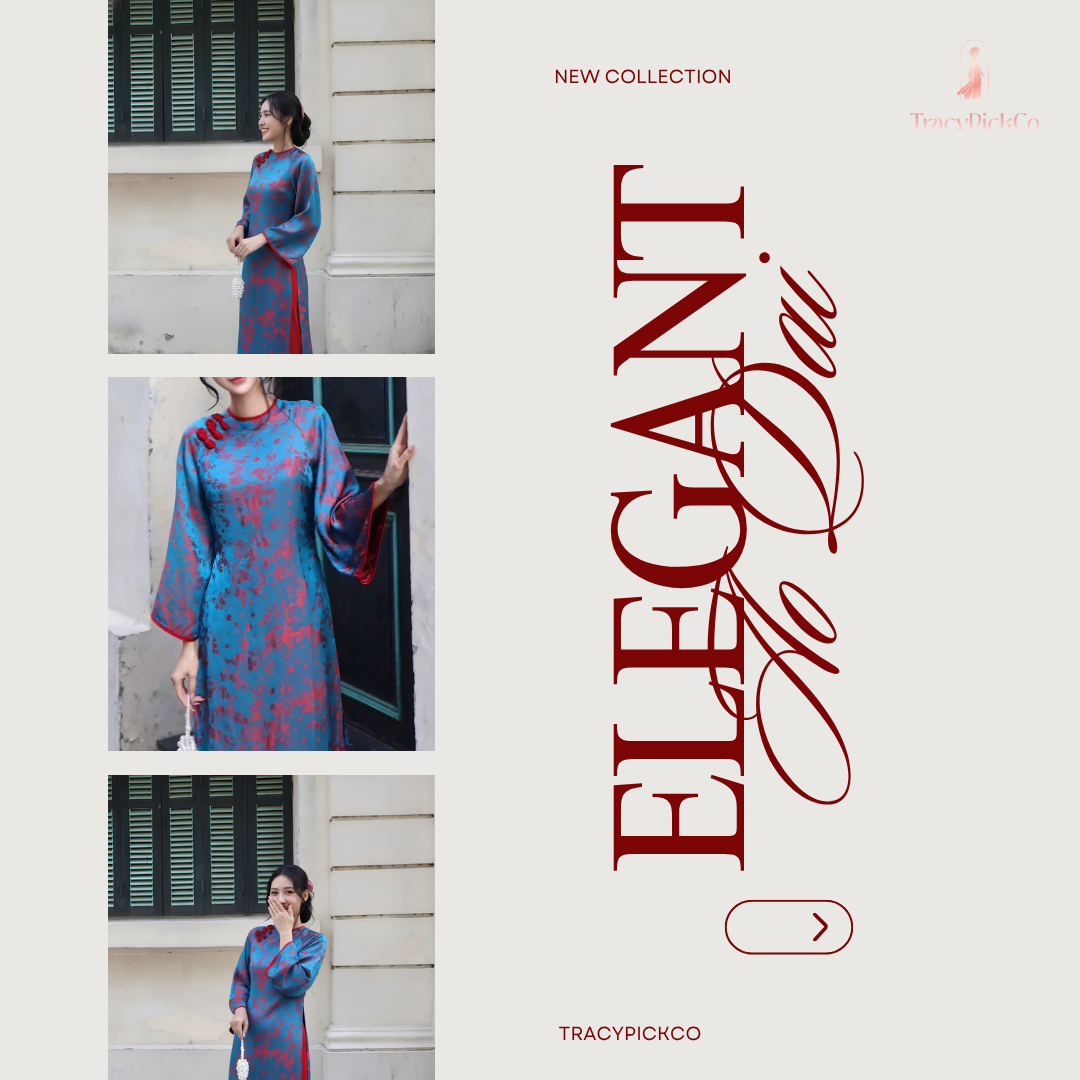 Modern Ao Dai Women Vietnamese Blue Silk Peach Blossom Detail