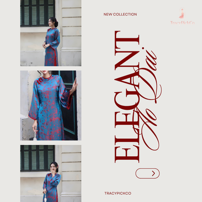 Modern Ao Dai Women Vietnamese Blue Silk Peach Blossom Detail