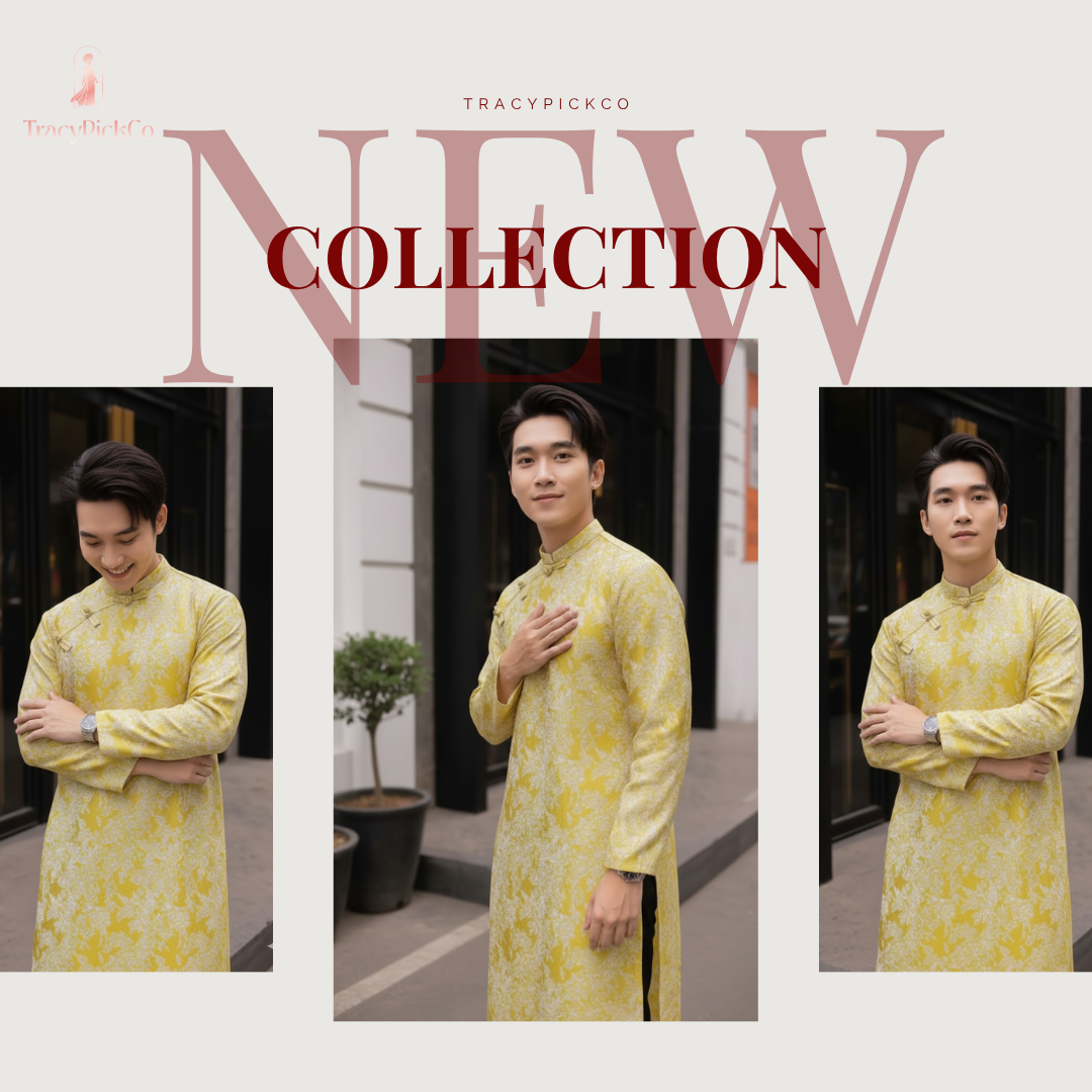 Ao Dai Men Embroidered Fabric Tafta Yellow