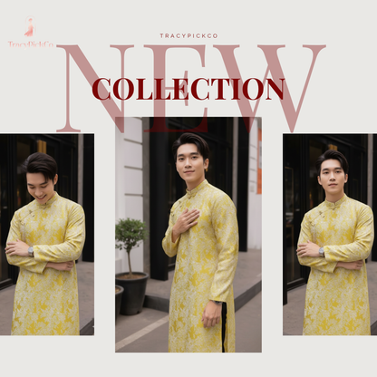 Ao Dai Men Embroidered Fabric Tafta Yellow
