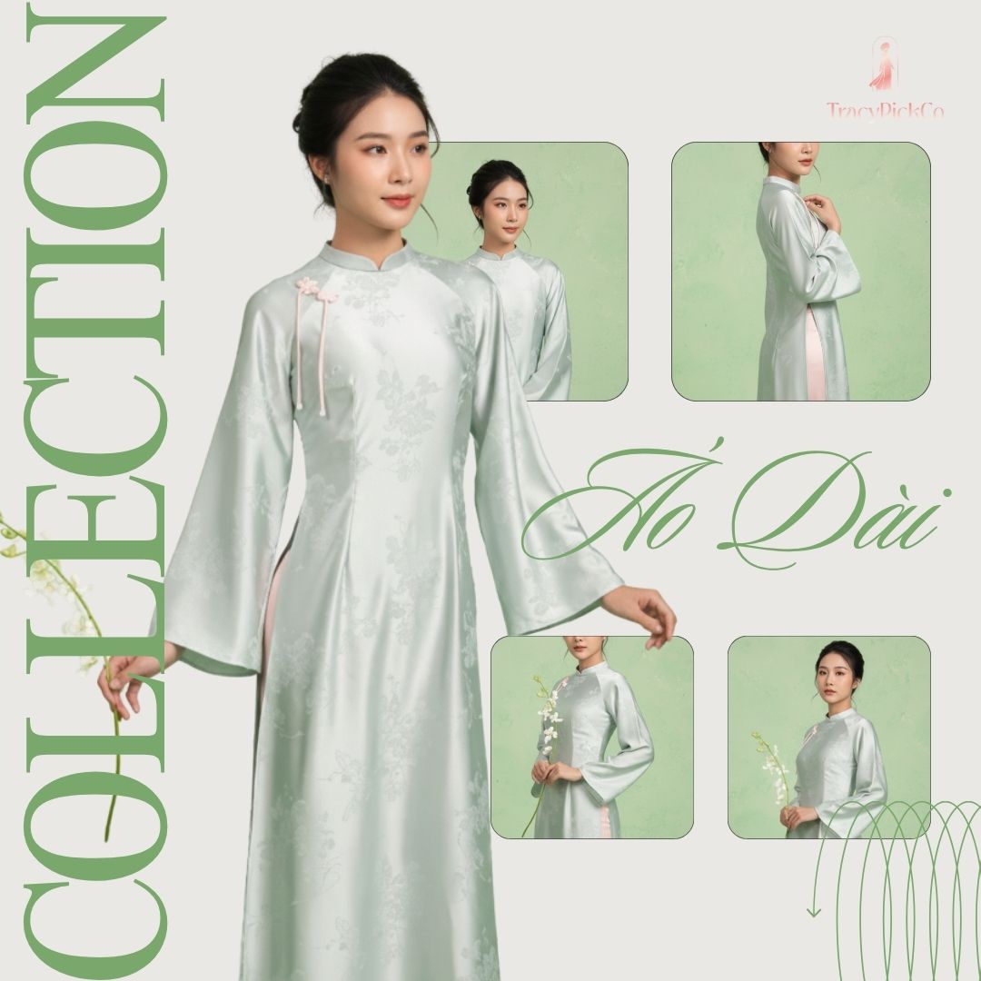Traditional Green Mint Ao Dai Women Modern Flare Sleeve Bow Silk Brocade