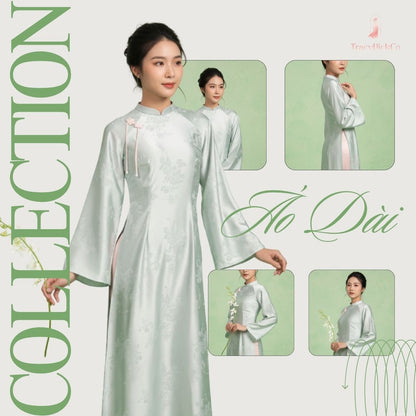 Traditional Green Mint Ao Dai Women Modern Flare Sleeve Bow Silk Brocade
