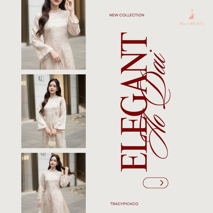 Ao Dai Women Vietnamese Modern Floral Brocade Beige Premium Hand-embellished Collar