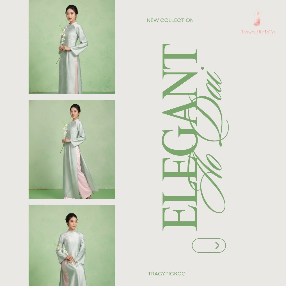 Traditional Green Mint Ao Dai Women Modern Flare Sleeve Bow Silk Brocade