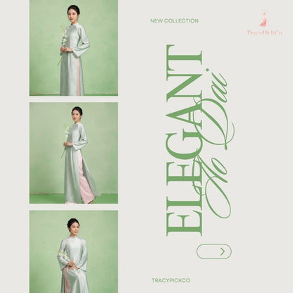 Traditional Green Mint Ao Dai Women Modern Flare Sleeve Bow Silk Brocade