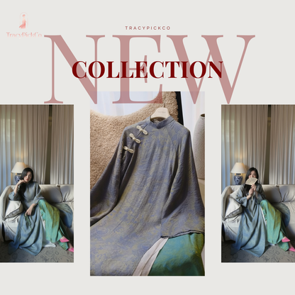 Ao Dai Women Modern Four Panel Loose Fit Shimmer Silk Gray and White