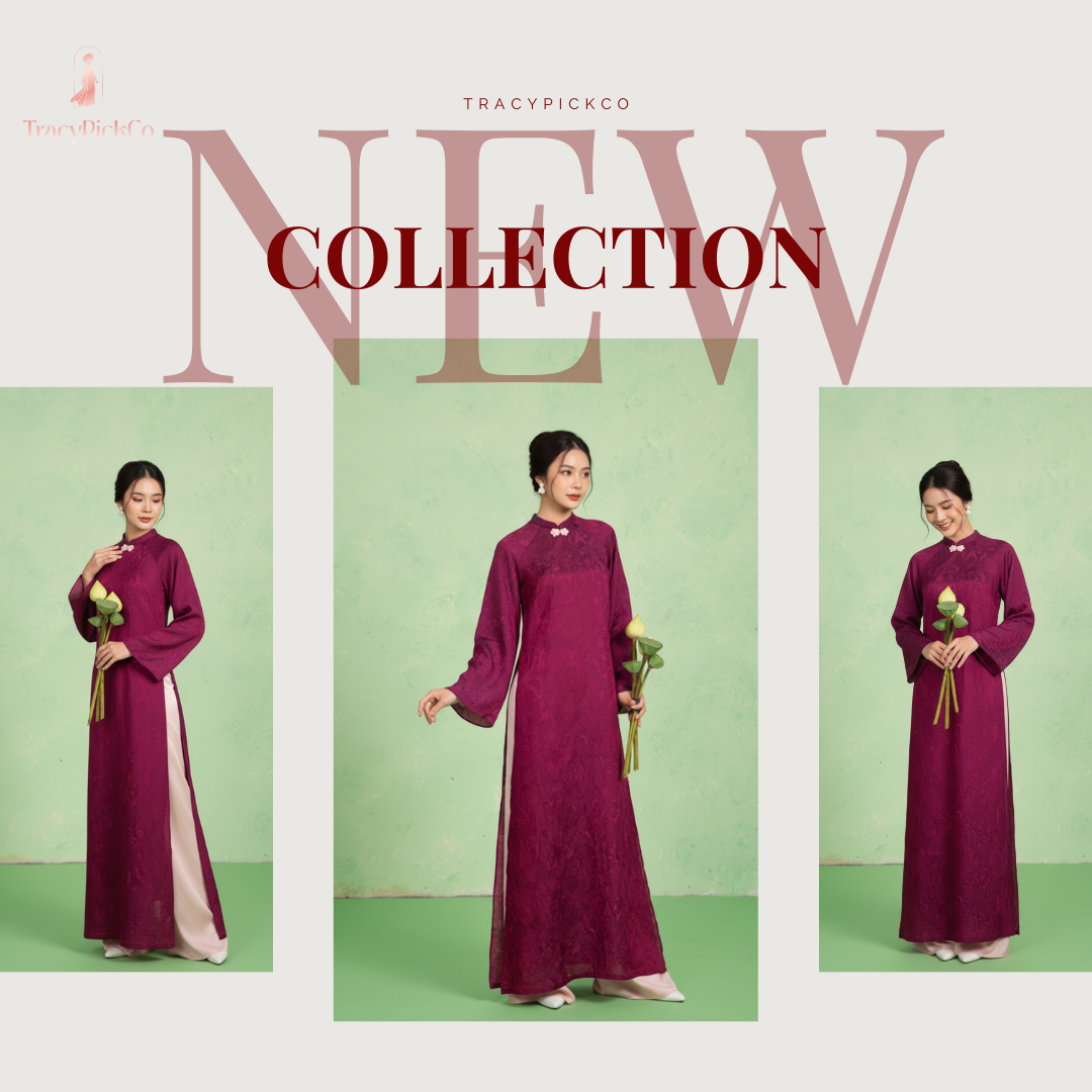 Modern Ao Dai Women Magenta Brocade Silk Straight Fit Bow Collar