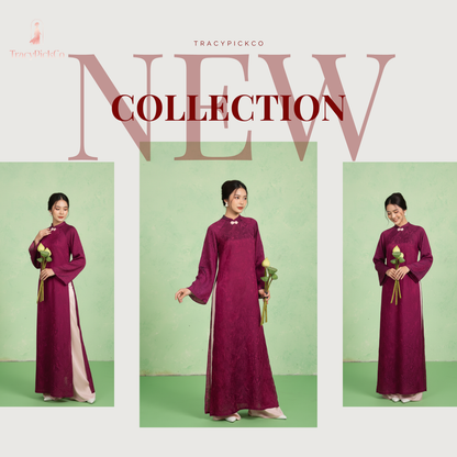 Modern Ao Dai Women Magenta Brocade Silk Straight Fit Bow Collar