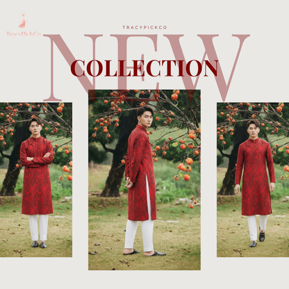 Ao Dai Men Embroidered Fabric Tafta Red