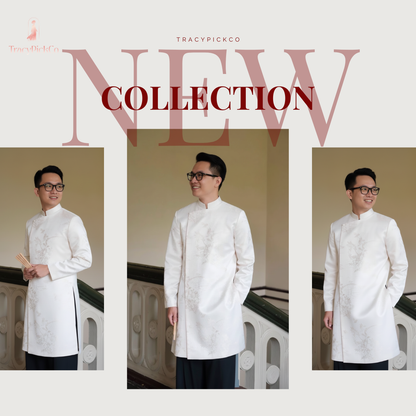 Ao Dai Men Wedding Modern Groom Beige Brocade Silk