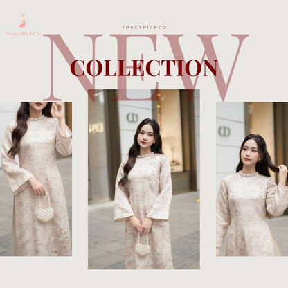 Ao Dai Women Vietnamese Modern Floral Brocade Beige Premium Hand-embellished Collar