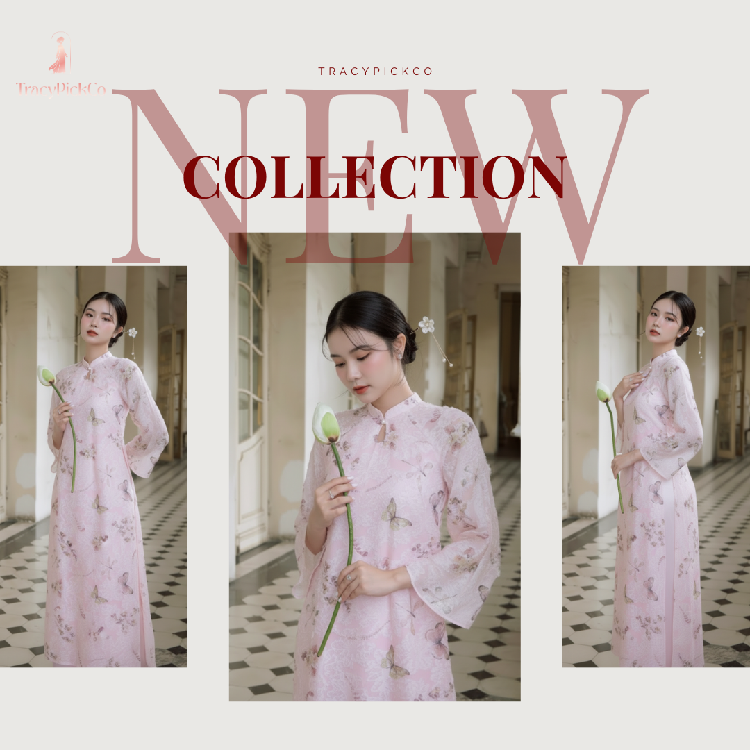 Modern Ao Dai Women Vietnamese Butterfly Print Pink Feather Silk Four Panel Midi Sleeve Dress