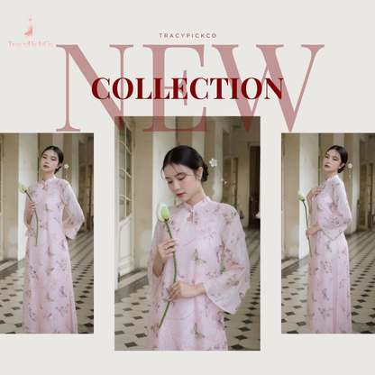 Modern Ao Dai Women Vietnamese Butterfly Print Pink Feather Silk Four Panel Midi Sleeve Dress