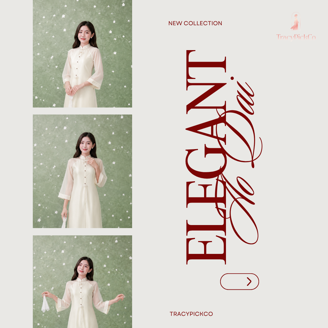 Vietnamese Beige Five Panel Silk Dress with Pearl Bow
