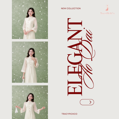 Vietnamese Beige Five Panel Silk Dress with Pearl Bow