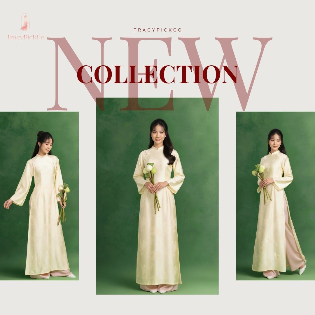 Traditional Yellow Ao Dai Women Modern Flare Sleeve Bow Silk Brocade