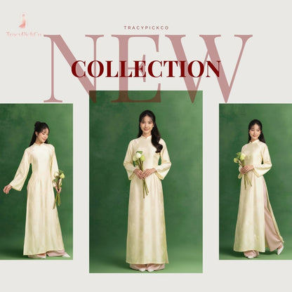 Traditional Yellow Ao Dai Women Modern Flare Sleeve Bow Silk Brocade